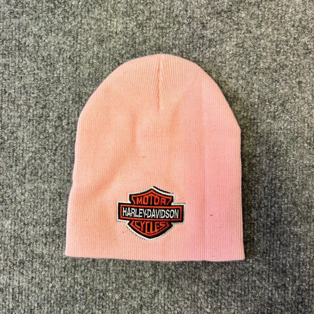 Harley-Davidson Beanie Womens OS Pink Knit Embroidered Logo Biker Skull Cap Hat